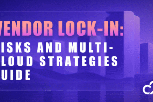 High-tech multi-cloud dashboard showing vendor lock-in risks, cost data, and cloud governance metrics on multiple screens